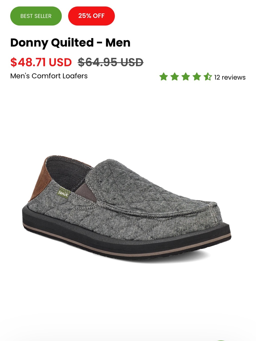 Sanuk Donny Quilted Slip-On Loafers — Gray with Brown Heel
